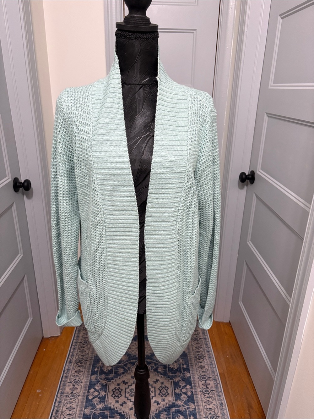 Open-Front Mint Green Knit Cardigan Sweater